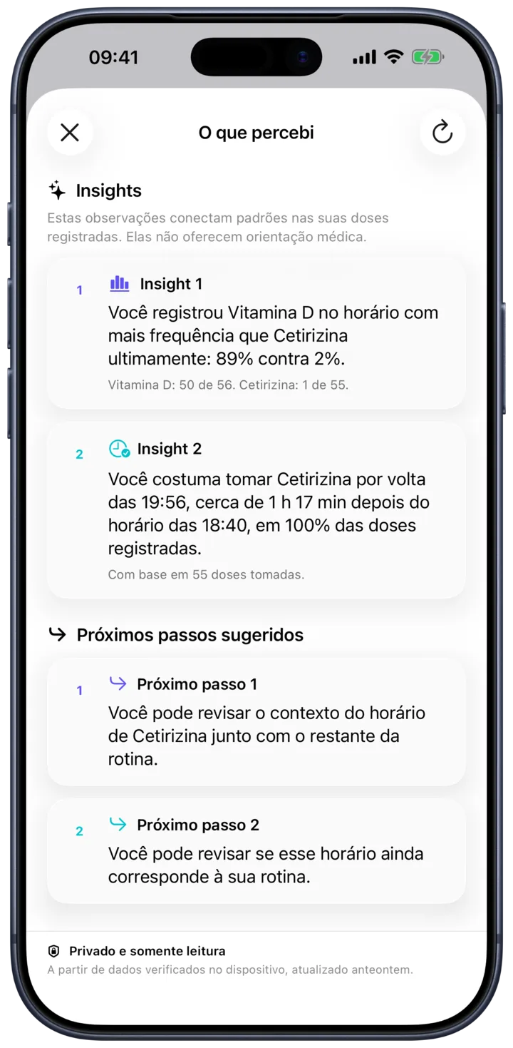 A tela O que percebi, listando observações sobre a rotina de medicamentos da pessoa.